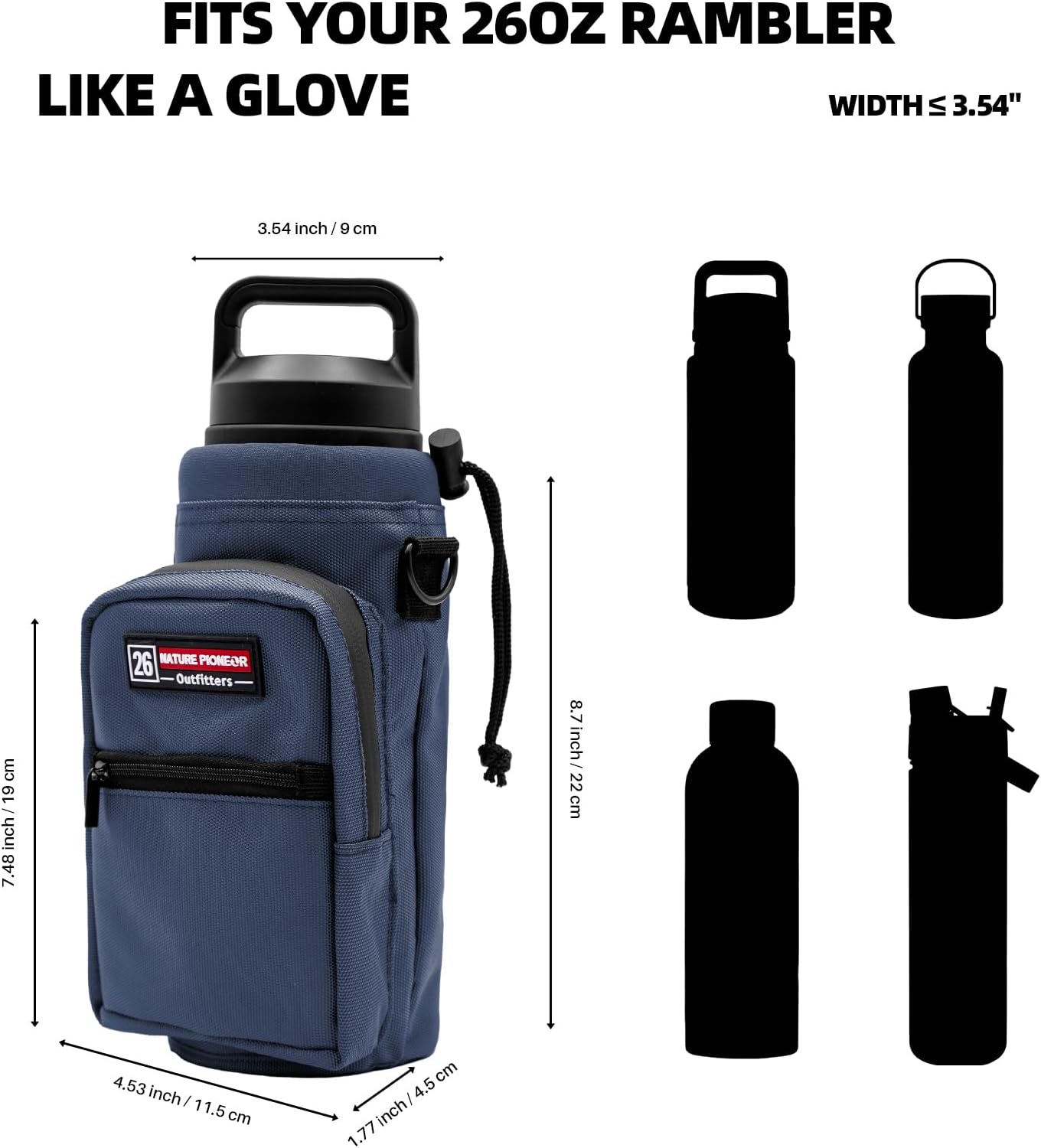 NATURE PIONEOR Water Bottle Holder with Adjustable Strap - 26/32/36/40/46/64oz Insulated Water Bottle Sling Carrier with Paracord Handle & 2 Pockets, Outdoor Sports, Hiking, Camping, Gym