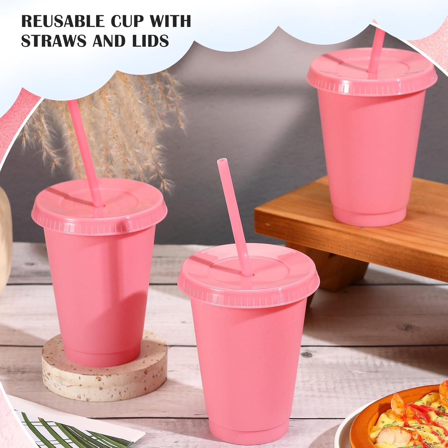 Uiifan 6 Pcs 24 oz Reusable Tumbler with Lids and Straws Plastic Iced Coffee Tumbler Glitter Travel Mug Cup for Smoothie Juices Birthday Party Cold Drink Coffee Cup Bulk for Adult Kid Women (Clear)