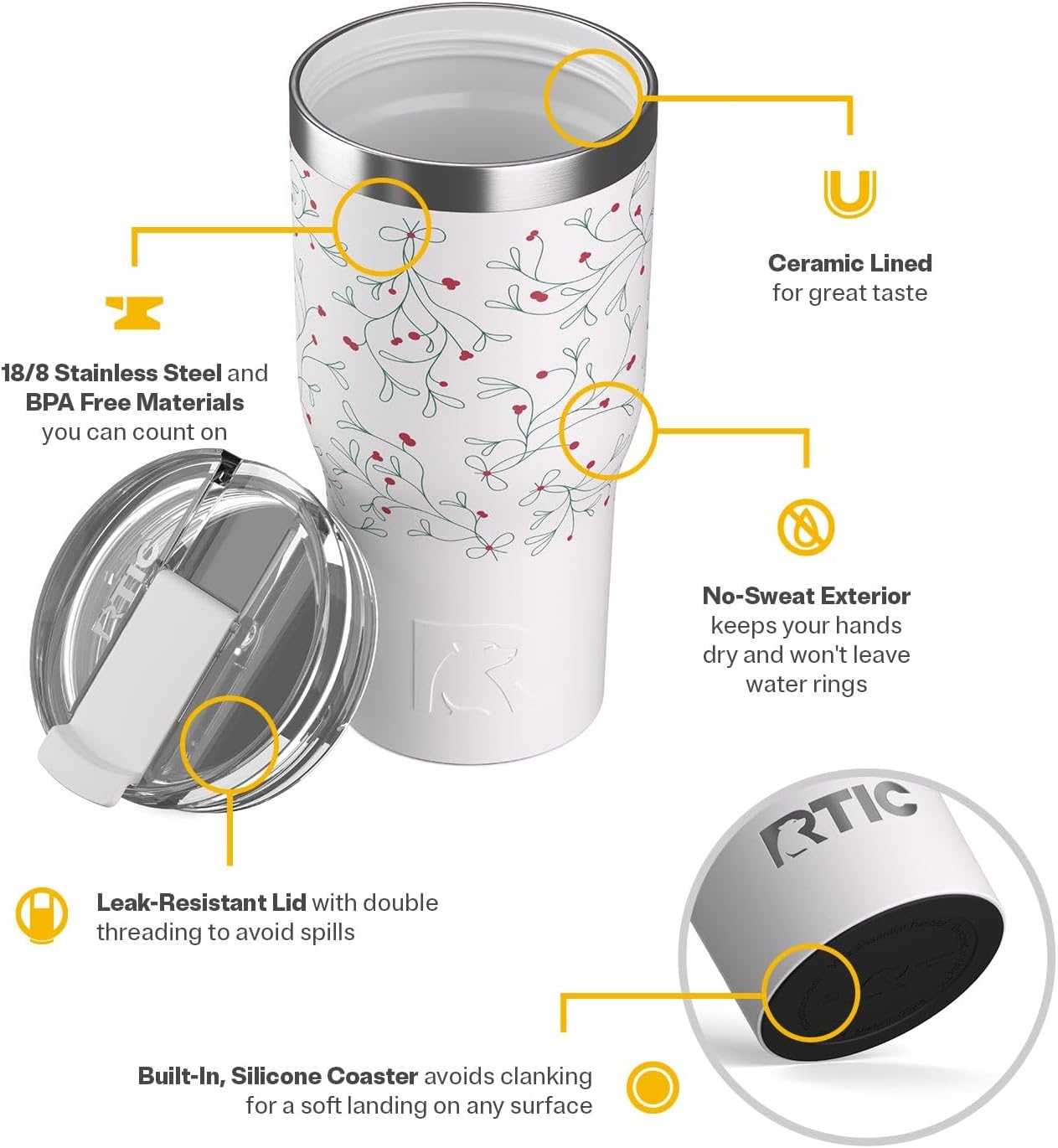 RTIC 20oz Essential Tumbler with Lid, Ceramic Lined, Insulated, Stainless Steel, Metal, Double Wall Vacuum-Insulation, Travel Cup for Iced Coffee, Tea, Hot and Cold Drink, Graphite