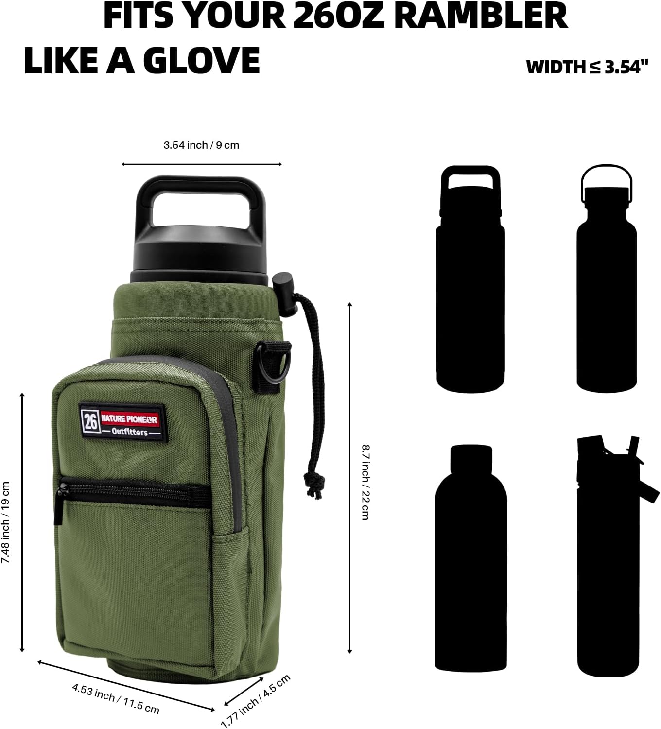 NATURE PIONEOR Water Bottle Holder with Adjustable Strap - 26/32/36/40/46/64oz Insulated Water Bottle Sling Carrier with Paracord Handle & 2 Pockets, Outdoor Sports, Hiking, Camping, Gym