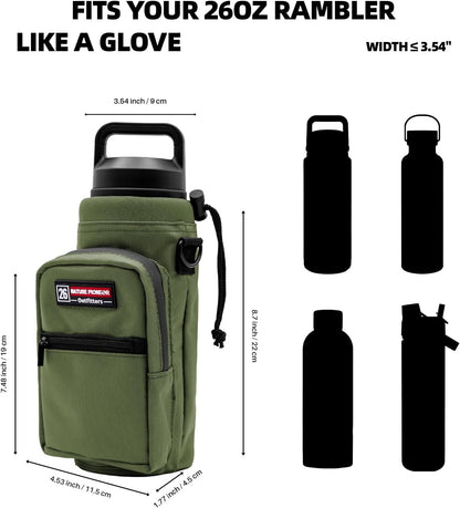 NATURE PIONEOR Water Bottle Holder with Adjustable Strap - 26/32/36/40/46/64oz Insulated Water Bottle Sling Carrier with Paracord Handle & 2 Pockets, Outdoor Sports, Hiking, Camping, Gym