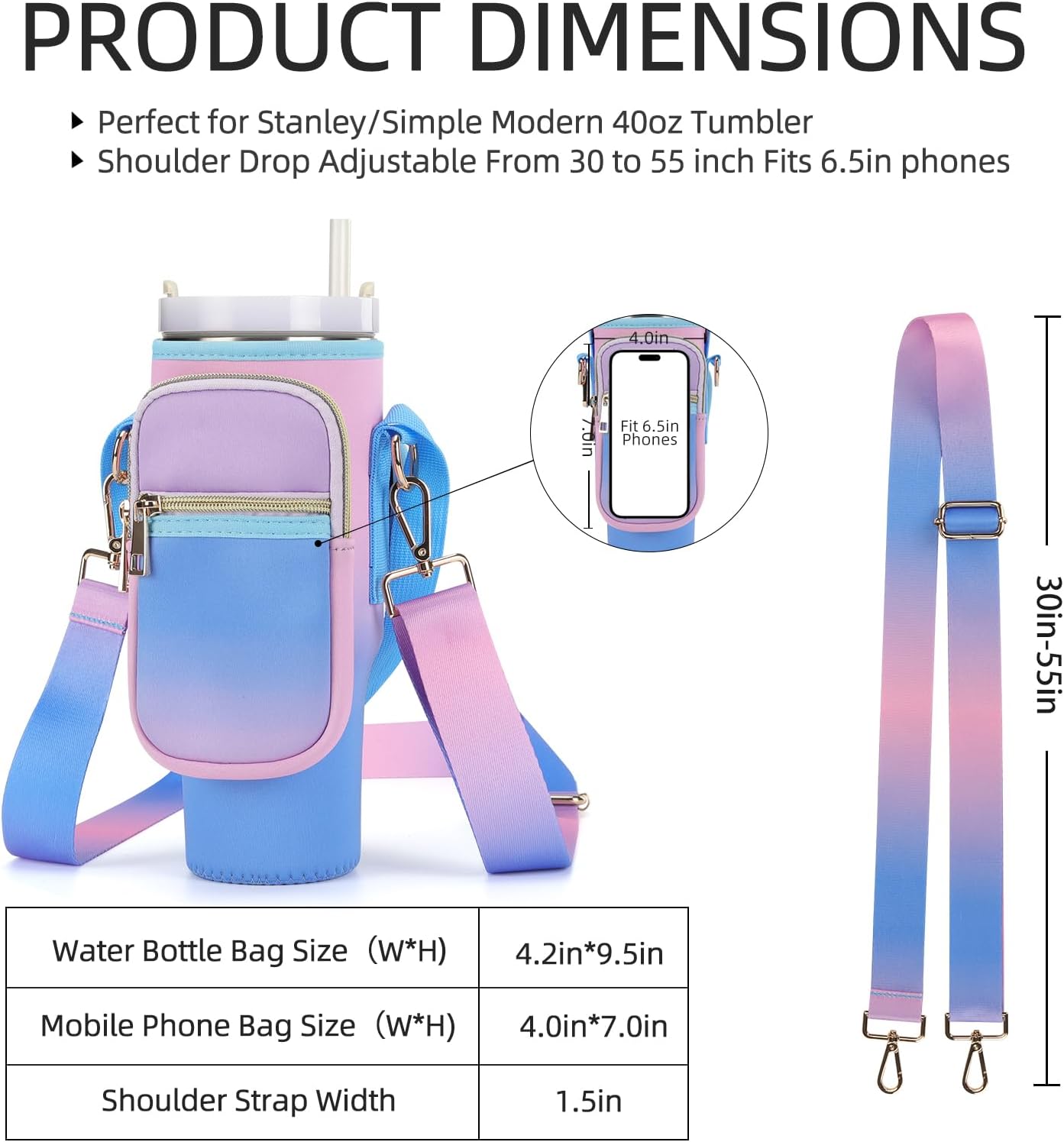 GOEWY Water Bottle Carrier Bag for Stanley 40/30 oz Tumbler with Phone Pocket Neoprene Water Bottle Holder with Shoulder & Handheld Strap Stanley Cup Accessories