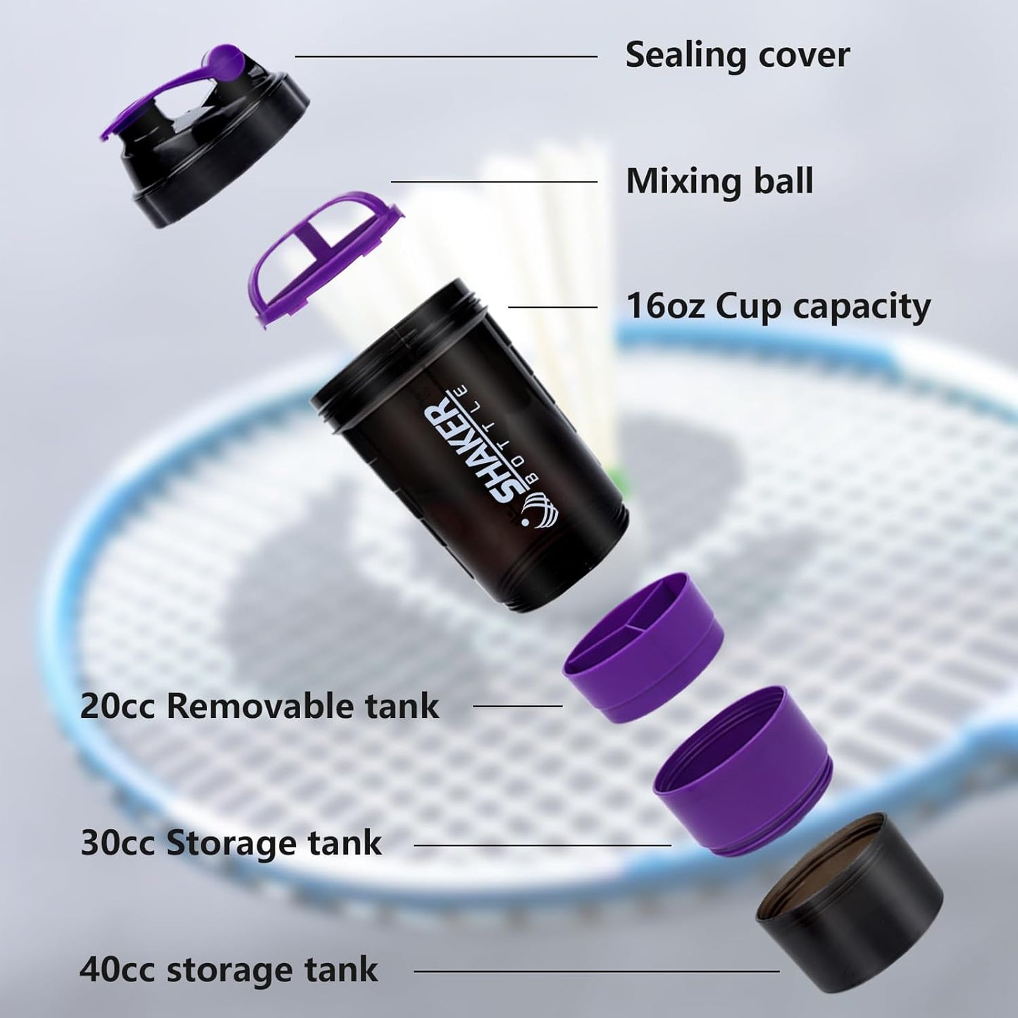 XTK Shaker Bottle 16OZ Protein Shaker Bottles with Mix Ball Sports Water Bottle Leak Proof GYM Cup for Protein Mixes with Powder Storage & Pill Organizer, Ideal for Pre Workout,BPA Free(black)