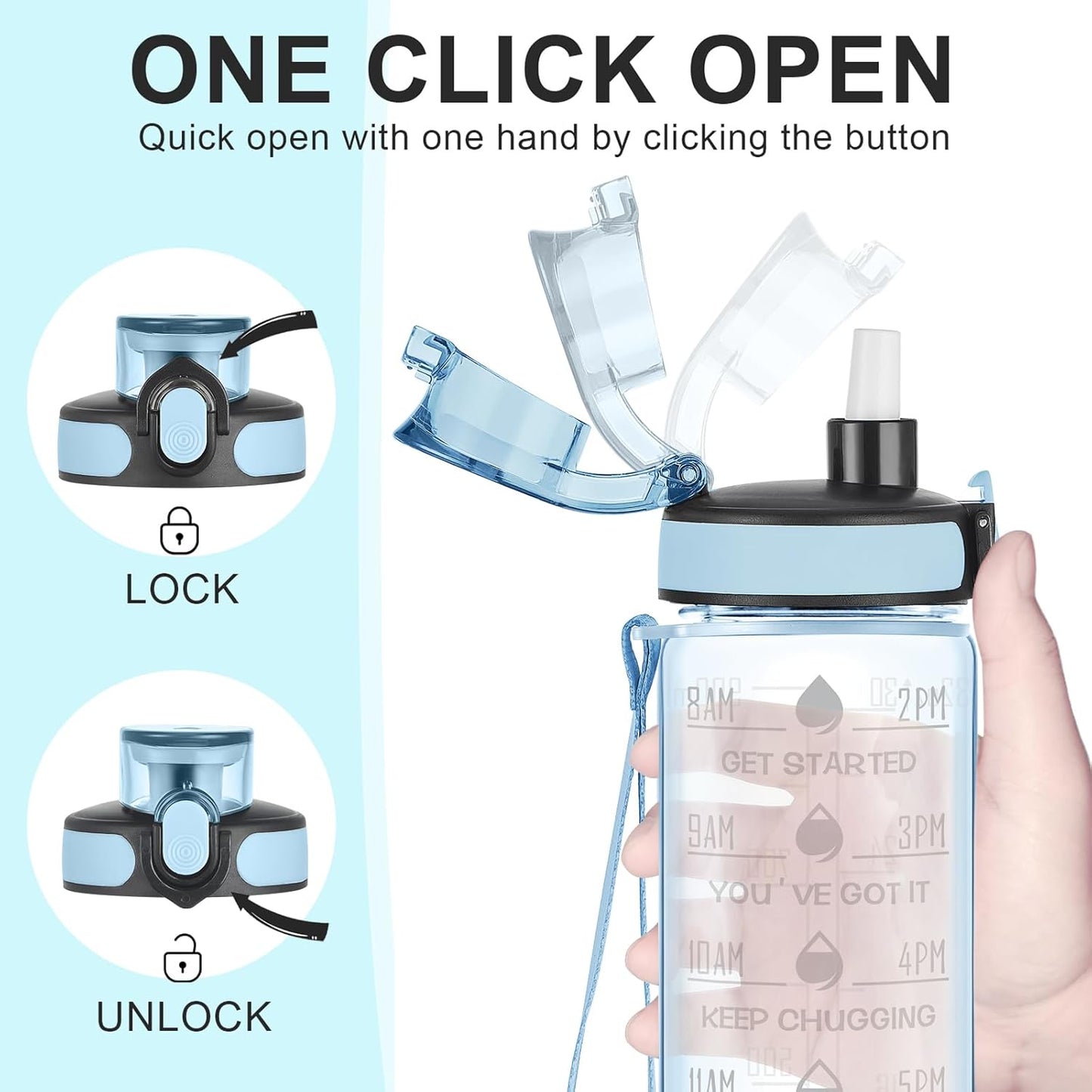 Enerbone Water Bottle, Leakproof BPA & Toxic Free, Motivational Water Bottle with Times to Drink and Straw, Fitness Sports Water Bottle with Strap for Office, Gym, Outdoor Sports