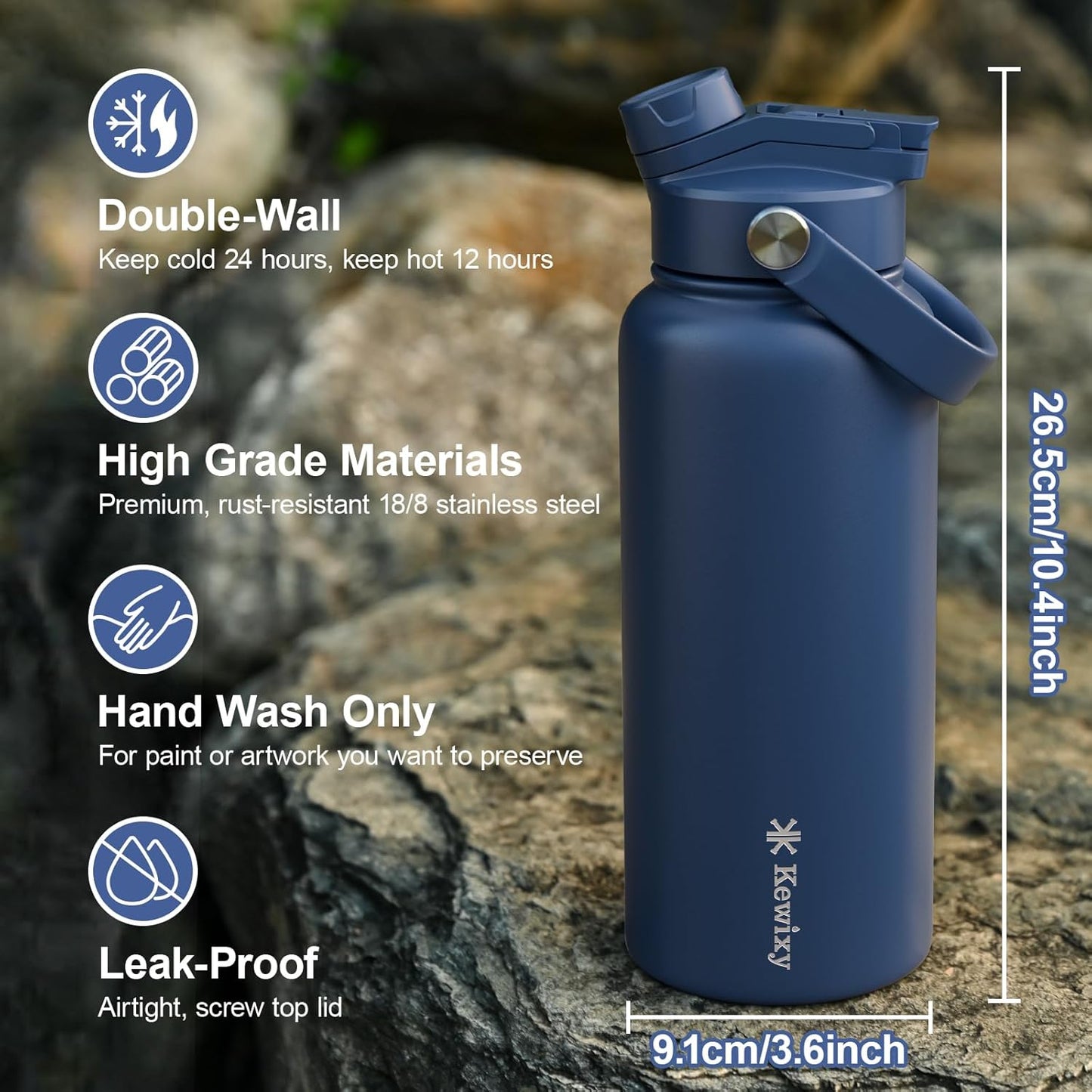 KEWIXY 32 oz Insulated Water Bottle, 2-in-1 Lid, Straw & Spout with Protected, Leak Proof, Keep Cold, Stainless Steel, Metal, Reusable, Handle, for Outdoor, Gym and School, 2 Lids, Blush Pink