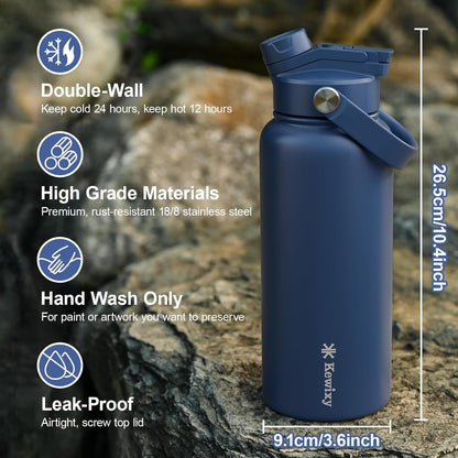 KEWIXY 32 oz Insulated Water Bottle, 2-in-1 Lid, Straw & Spout with Protected, Leak Proof, Keep Cold, Stainless Steel, Metal, Reusable, Handle, for Outdoor, Gym and School, 2 Lids, Blush Pink