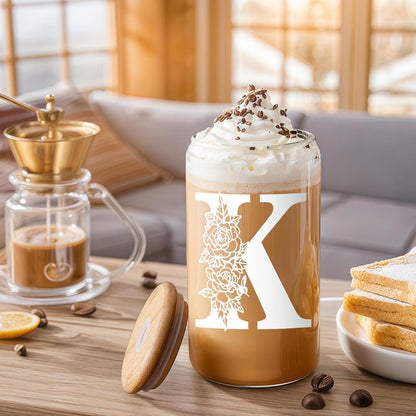 Glass Cups with Lids and Straws: Personalized Initial Glass Cup Be Used As Reusable Iced Coffee Cups with Lids,Cute Matcha Tumbler - The Christmas/Birthday Gifts for Women - M Smoothie Cup