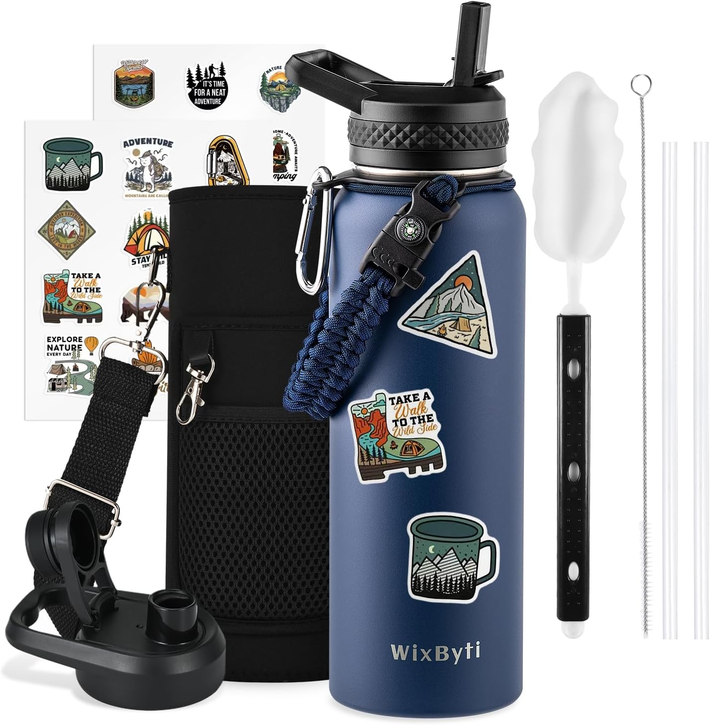 WixByti 40 oz Insulated Water Bottle with Straw (Cold for 36 Hrs), Stainless Steel Triple Wall Vacuum Sports Water Jug, Leakproof Hydro Cup Flask with Paracord Handle & Straw Spout Lids & DIY Stickers