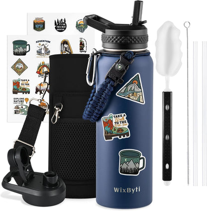 WixByti 40 oz Insulated Water Bottle with Straw (Cold for 36 Hrs), Stainless Steel Triple Wall Vacuum Sports Water Jug, Leakproof Hydro Cup Flask with Paracord Handle & Straw Spout Lids & DIY Stickers