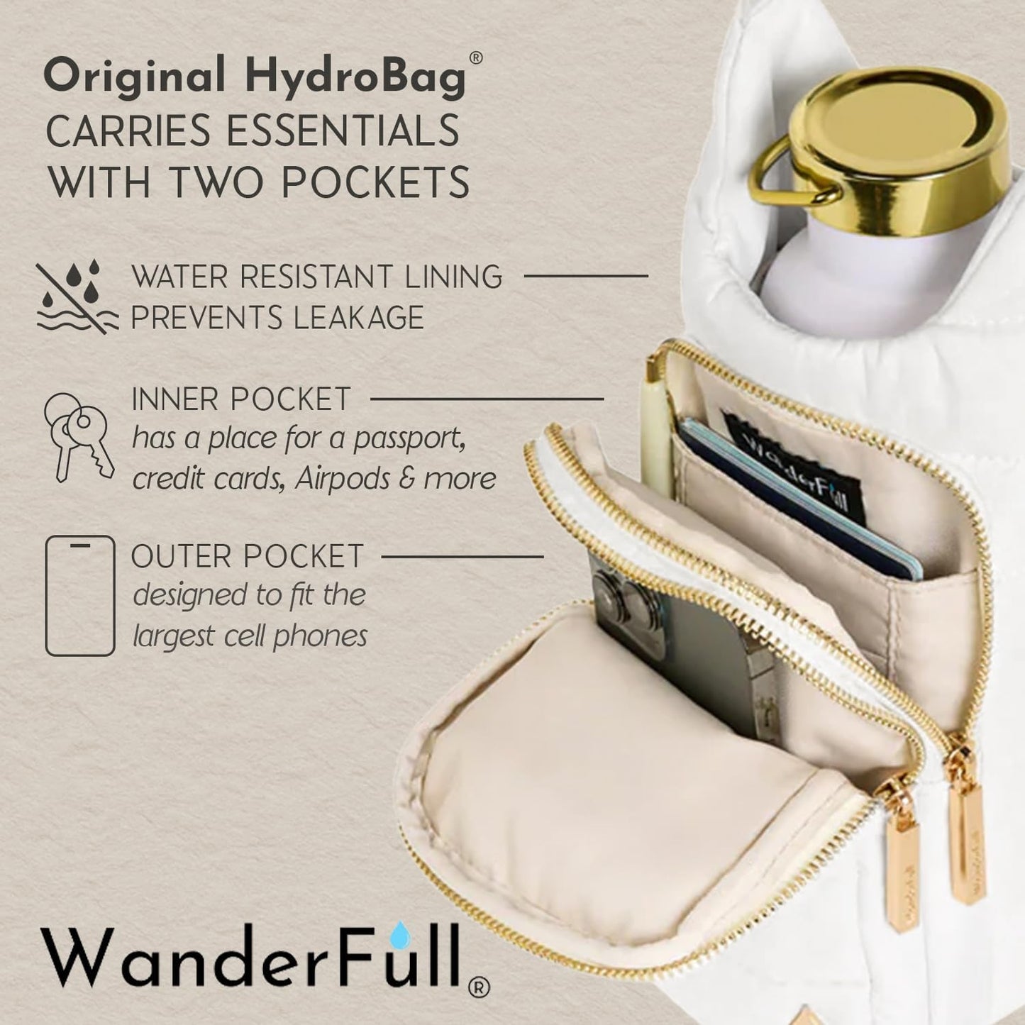 WanderFull Original HydroBag Fits Up to 32 oz Water Bottle Holder with Strap – Hands-Free Crossbody Water Bottle Carrier Bag with Phone Pocket - Colors B