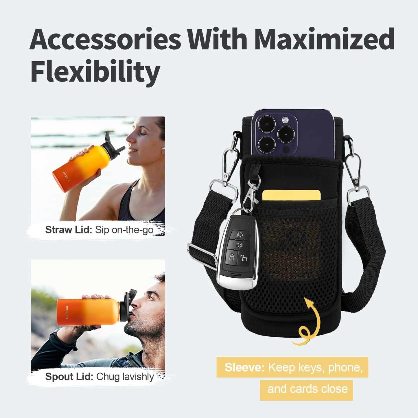 WixByti 40 oz Insulated Water Bottle with Straw (Cold for 36 Hrs), Stainless Steel Triple Wall Vacuum Sports Water Jug, Leakproof Hydro Cup Flask with Paracord Handle & Straw Spout Lids & DIY Stickers
