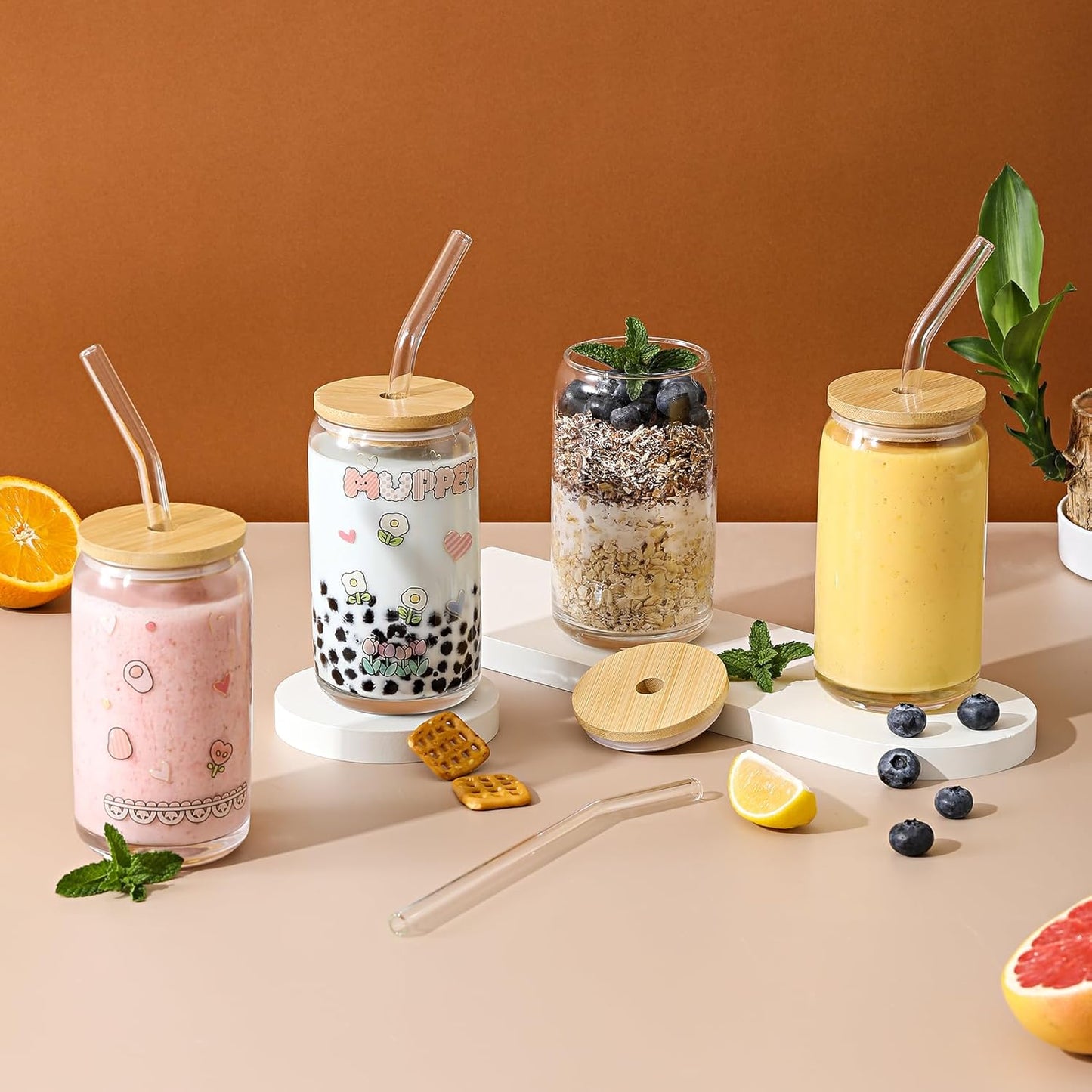 [ 12pcs Set ] Glass Cups with Bamboo Lids and Glass Straw - Beer Shaped Drinking Glasses, 16 oz Iced Coffee Glasses, Cute Tumbler Cup for Smoothie, Boba Tea, Whiskey, Water - 4 Cleaning Brushes