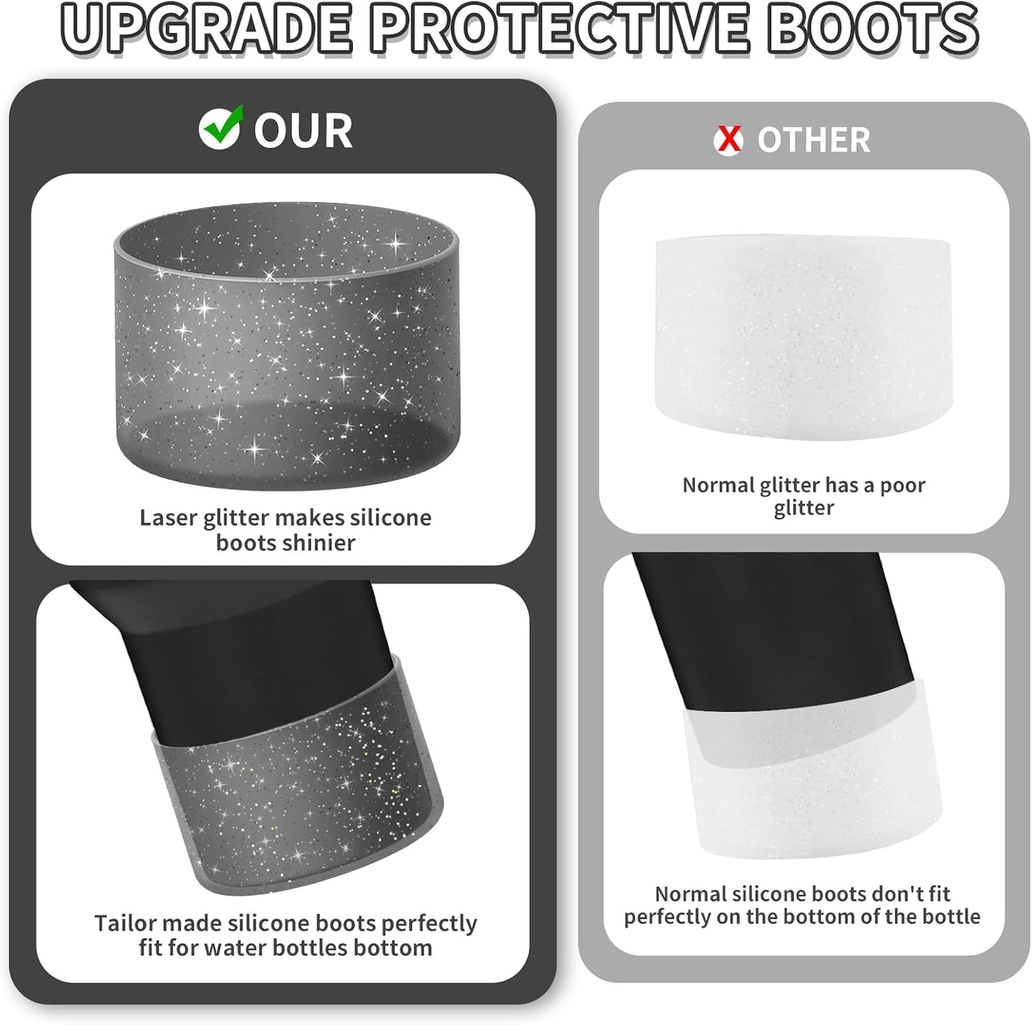 WUQID Protective Bling Silicone Boot Sleeve, Compatible with Stanley Tumbler 20-40oz & Hydro Flask Bottle 12oz-24oz, Glitter Reduces Dents Sleeve Cover for More Bottles/Tumblers Bottom of 2.83-2.95in