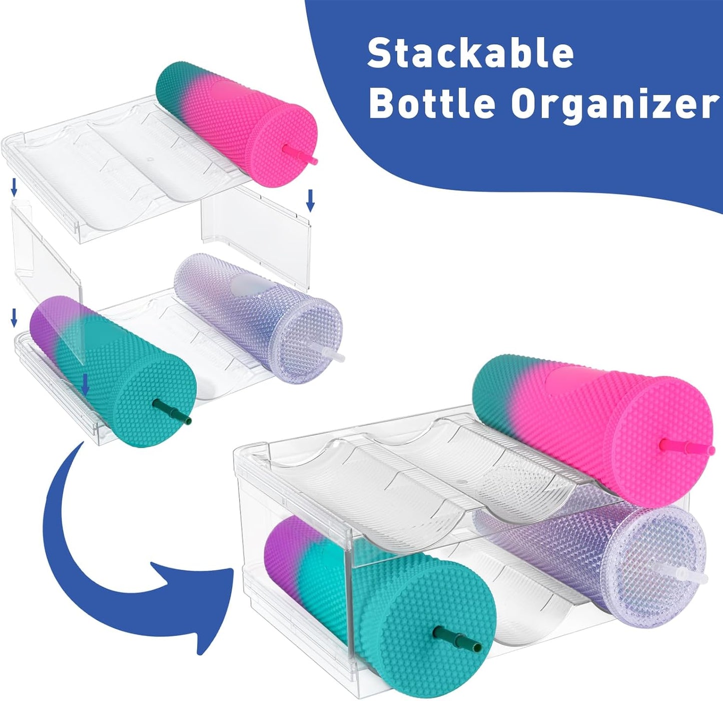 Stackable Water Bottle Organizer for Cabinet, Plastic Bottle Holder Designed for Starbucks Studded Tumblers up to 40oz, Plastic Cup Holder&Wine Rack for Pantry,Cupboard- 2 Layers Hold 6 Bottles