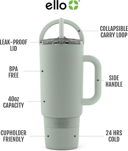 Ello Port 40oz Tumbler with Carry Loop & Integrated Handle, Vacuum Insulated Stainless Steel Reusable Water Bottle, Travel Mug with Leak Proof Lid & Straw, Perfect for Iced Coffee & Tea, White