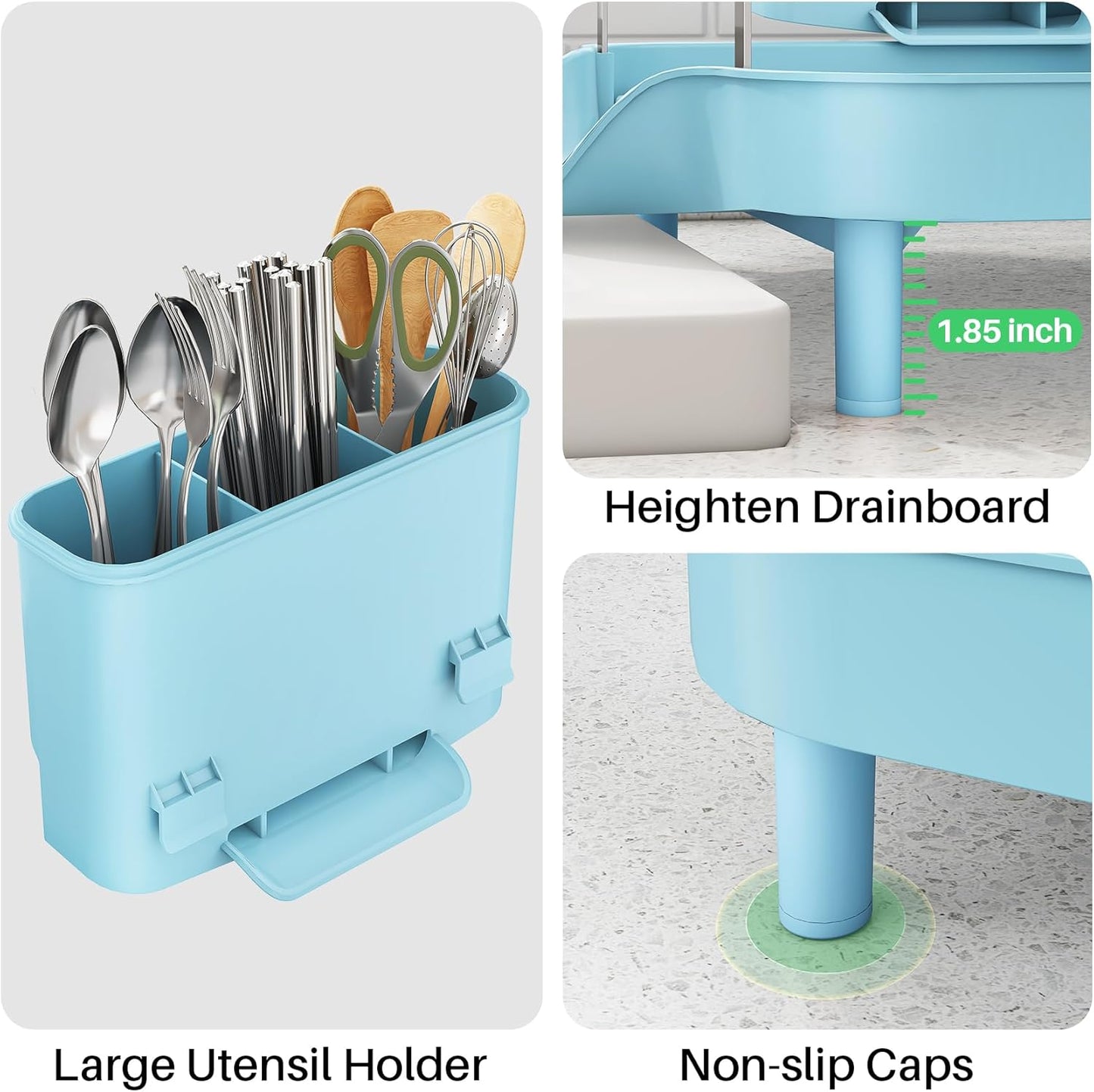SAYZH Dish Drying Rack - Expandable Dish Rack for Kitchen Counter, Rust-Resistant Dish Drainer with Utensil Holder and Raised Guardrail, Kitchen Organizer for Cup and Bottle (Black)