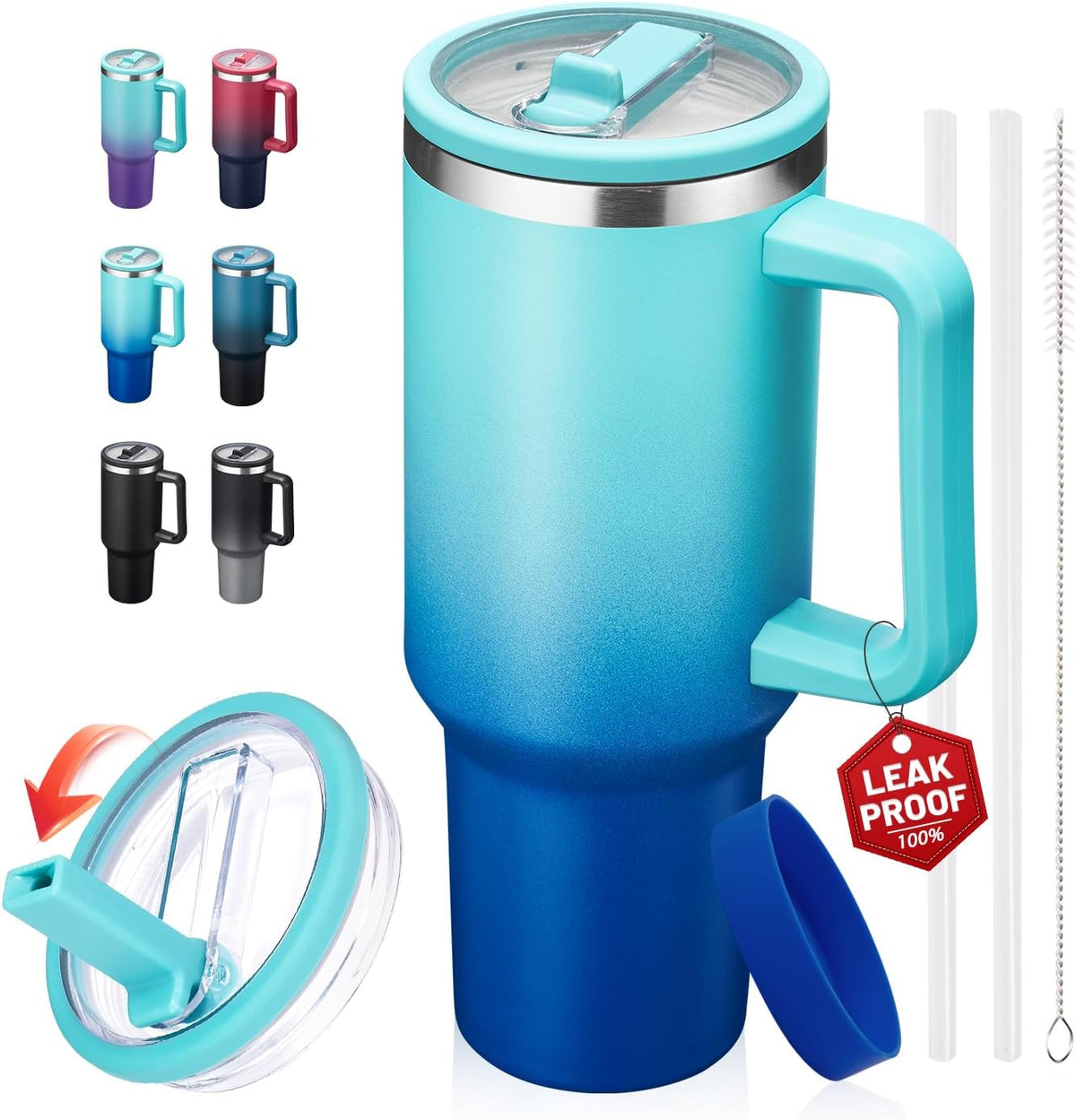40 oz Tumbler with Flip Straw & Handle, Stainless Steel Water Bottle | Leak-Proof, Cold 34H Hot 10H, Insulated Travel Coffee Cup, Fits Car Cup Holder, Dishwasher Safe, Mug For Men, Durable Mug