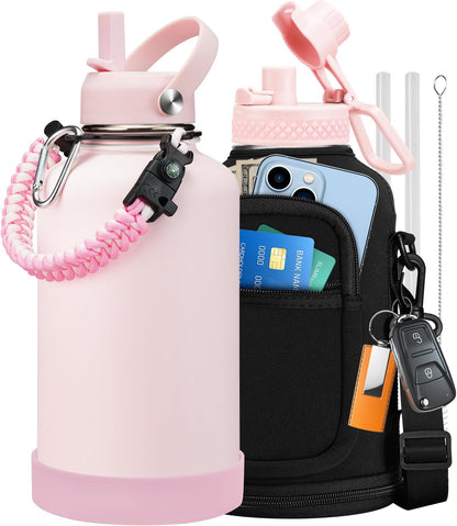 32/40/64OZ Insulated Water Bottle - Keep Cold 48H Hot 24H, Combo Straw/Spout Lids, Paracord Handle for Gym/Hiking, Carrier Bag +Strap, Cup Mat, BPA-Free Stainless Steel Flask Jug