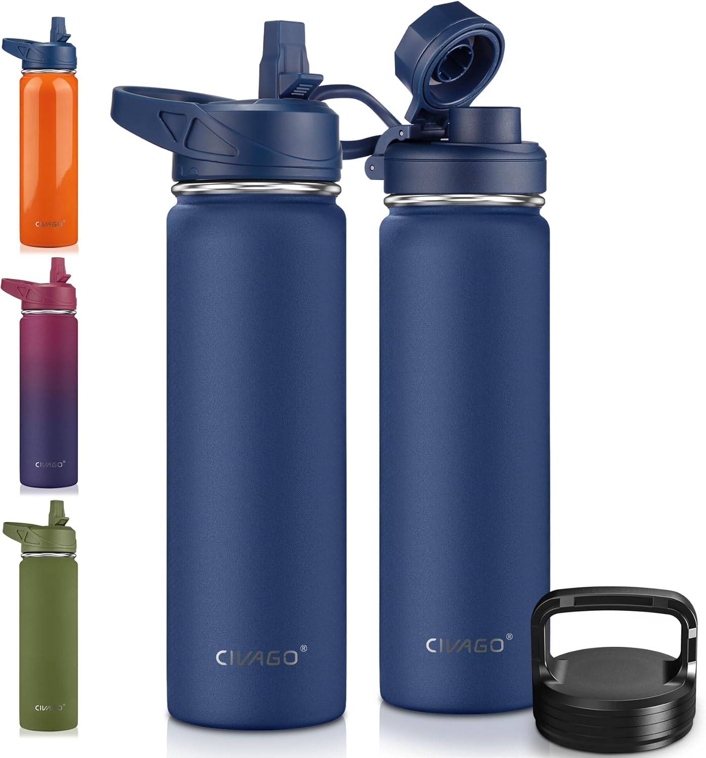 CIVAGO 32 oz Insulated Water Bottle With Straw, Stainless Steel Sports Water Cup Flask with 3 Lids (Straw, Spout and Handle Lid), Wide Mouth Travel Thermal Mug, Black
