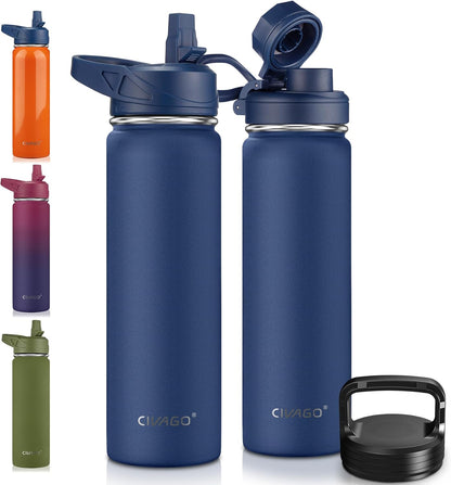 CIVAGO 32 oz Insulated Water Bottle With Straw, Stainless Steel Sports Water Cup Flask with 3 Lids (Straw, Spout and Handle Lid), Wide Mouth Travel Thermal Mug, Black