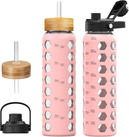 MUKOKO Glass Water Bottles, 32oz Glass Tumbler with Straw, Drinking Bottles with 2 Lids-Handle Spout Lid&Bamboo Straw Lid, Motivational Water Bottle with Time Marker and Silicone Sleeve, 1 Pack-Olive