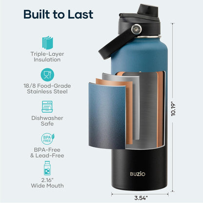 BUZIO 40oz Insulated Water Bottle, Triple Wall Vacuum Stainless Steel Water Flask with 2 lids, Lead-Free BPA-Free Straw Lid Sports Canteen Jug, Cold 48H & Hot 24H- Black - Colors B