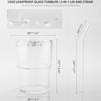13 oz Iced Coffee Cup, Glass Tumbler with Straw and Lid for Tea, Matcha, Cold Brew, Sealed, Portable, Thick Wall, BPA-Free (Amber)