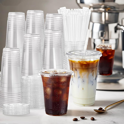 25 Pack 16 oz Clear Plastic Cups with Lids and Straws, Leak-Proof Disposable Iced Coffee Cups, BPA-Free PET Cold Drink Tumblers for Smoothie, Tea and Juice, Crystal Clear To Go Cups