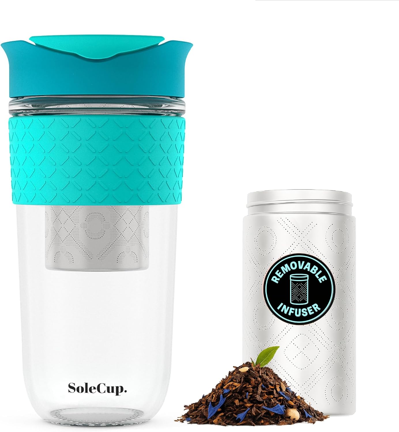 Travel Mug Loose Tea Infuser - Detachable Tea Strainer with Spillproof Lid - BPA-Free Reusable Glass Travel Coffee Cup with Silicone Band (Ice Cream, 12oz)