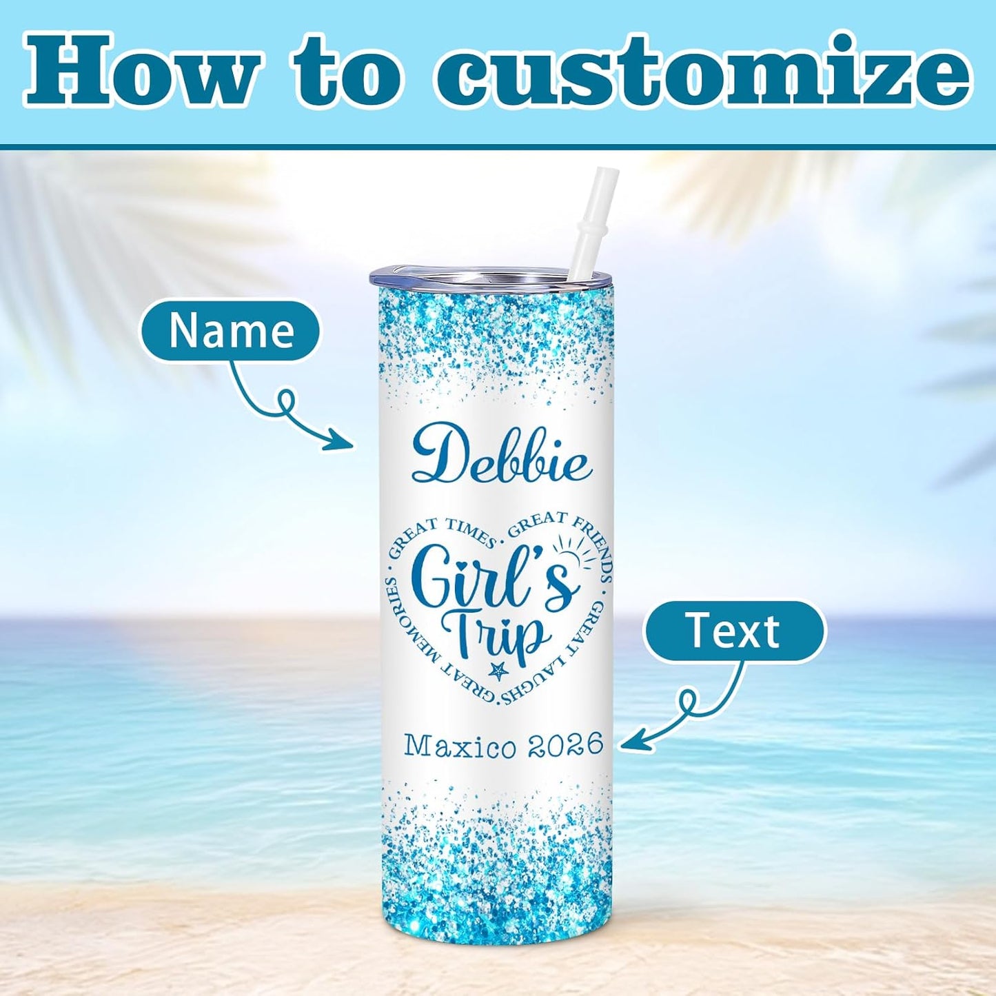 Girl Trip Gifts for Women, Personalized Girls Trip Tumblers with Name Text, Custom Beach Tumbler, Road Trips Vacation Cruise Cup with Lid and Straw, Bachelorette Party Girl Weekend Gift For Friend