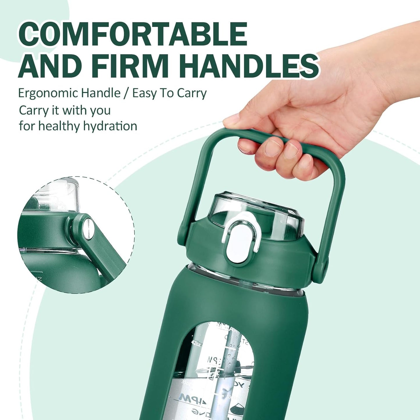 64oz Glass Water Bottles with Straw, Half Gallon Motivational Glass Bottle with Silicone Sleeve and Time Marker, 2L Leakproof Large Glass Water Jug for Gym Home Office,olive