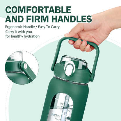 64oz Glass Water Bottles with Straw, Half Gallon Motivational Glass Bottle with Silicone Sleeve and Time Marker, 2L Leakproof Large Glass Water Jug for Gym Home Office,olive