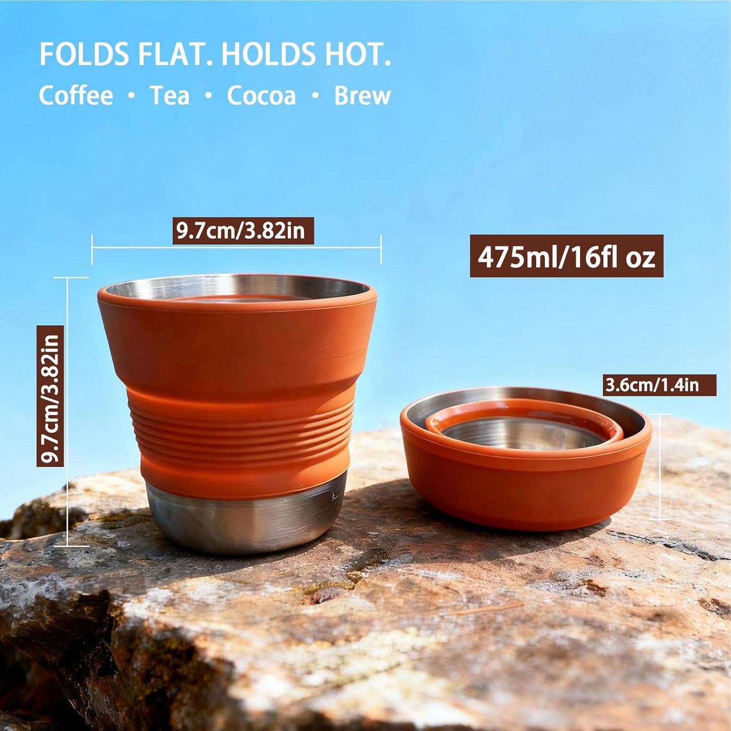 Ultralight Collapsible Travel Cup 16 oz, BPA Free Silicone & Stainless Steel Camping Mug, Foldable Portable Cup for Hiking, Backpacking, Outdoor Coffee Mug (Khaki)