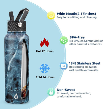 BJPKPK Insulated Water Bottles with Straw Lid, 40oz Stainless Steel Water Bottles with 3 Lids, BPA Free Leakproof Thermo, Tumblers, Cups for Sports, Gym- Midnight - Colors B