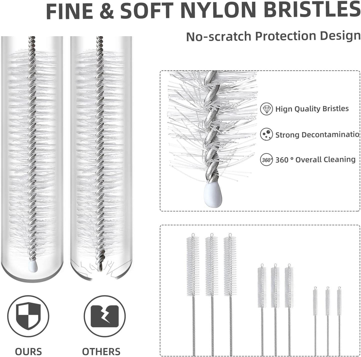 9-Piece Straw Cleaner Brush Kit - for Stanley Mug 40, 30, 20 oz, (3-Size) Extra Long Pipe Cleaners, Straw Cleaning Brush for Tumbler, Sippy Cup, Bottle and Tube