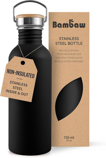 Bambaw Stainless Steel Water Bottles 32 oz, Non-insulated Single Wall Metal Water Bottle Stainless Steel, Reusable & Eco Friendly, Dishwasher Safe – Silver | Non-insulated