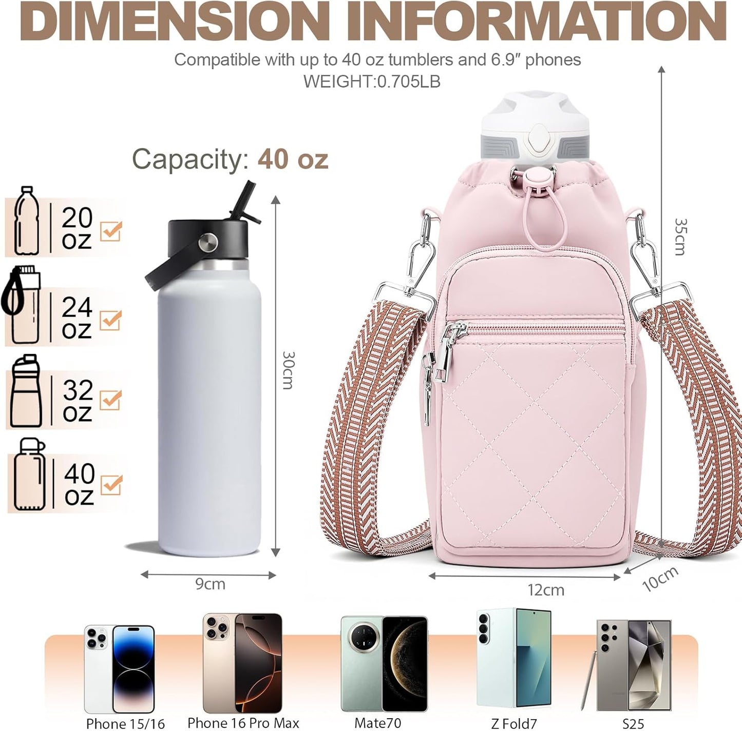 SYTRAH Water Bottle Carrier Bag with Strap, Water Bottle Purse with Phone Pocket 40oz for Walking Hiking