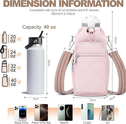 SYTRAH Water Bottle Carrier Bag with Strap, Water Bottle Purse with Phone Pocket 40oz for Walking Hiking