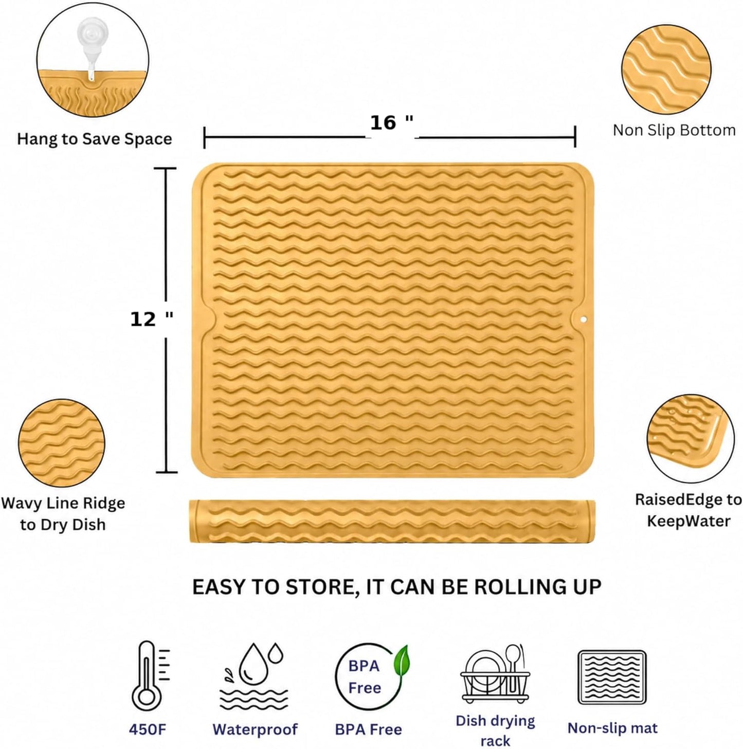 Silicone Drying Mat 16 × 12 – Gray Non-Slip Sink Mat for Kitchen Counter, Heat-Resistant Food-Grade Dish Pad, Easy-Clean Multipurpose Drawer Liner (Gray, 16'' x 12'')
