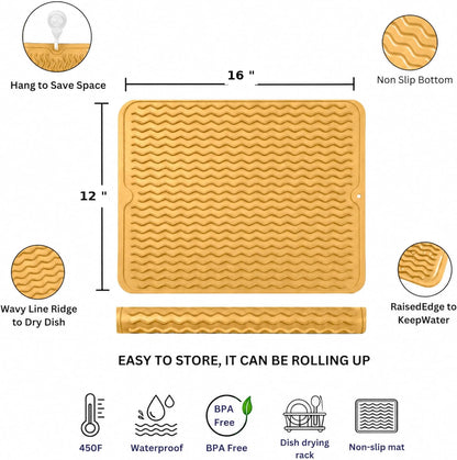 Silicone Drying Mat 16 × 12 – Gray Non-Slip Sink Mat for Kitchen Counter, Heat-Resistant Food-Grade Dish Pad, Easy-Clean Multipurpose Drawer Liner (Gray, 16'' x 12'')