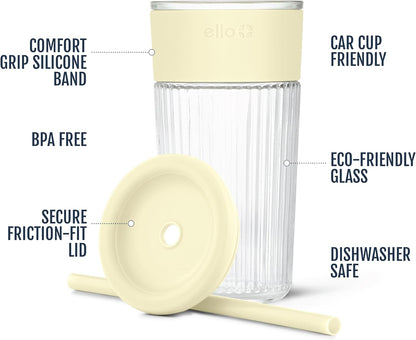Ello Devon Glass Tumbler , Protective No Sweat Silicone Sleeve and Splash Proof Wooden Detail Lid with Straw, 18 oz