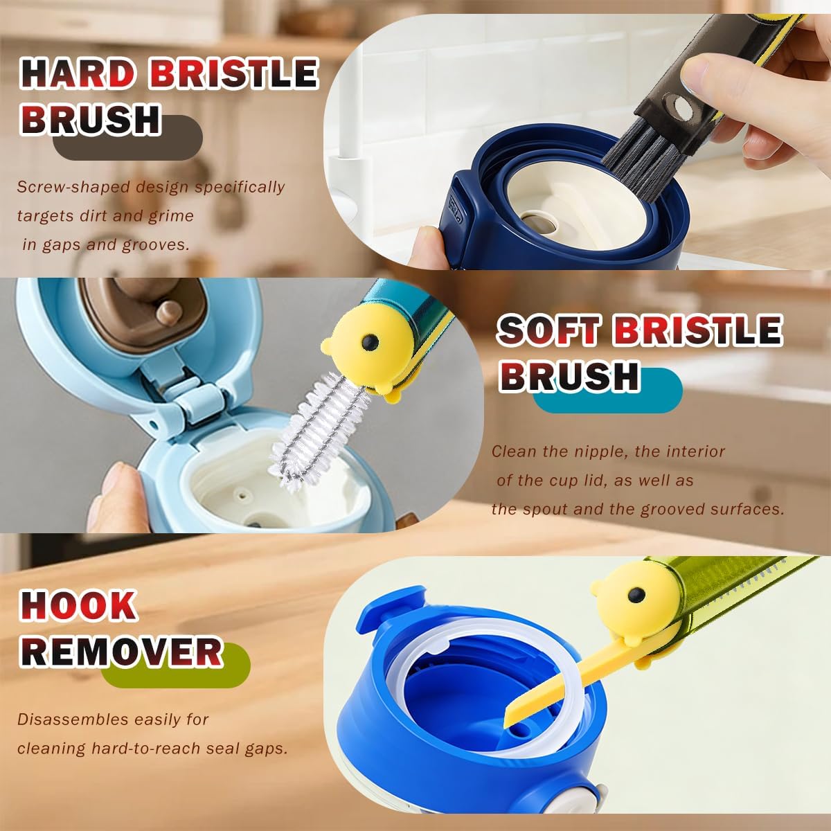 3 in 1 Cup Lid Cleaning Brush, 4PCS Multifunctional Crevice Cleaning Brush for Water Bottle Insulated Cup Tumbler Lid Groove Narrow Space Detail Cleaner Home Kitchen Gadgets