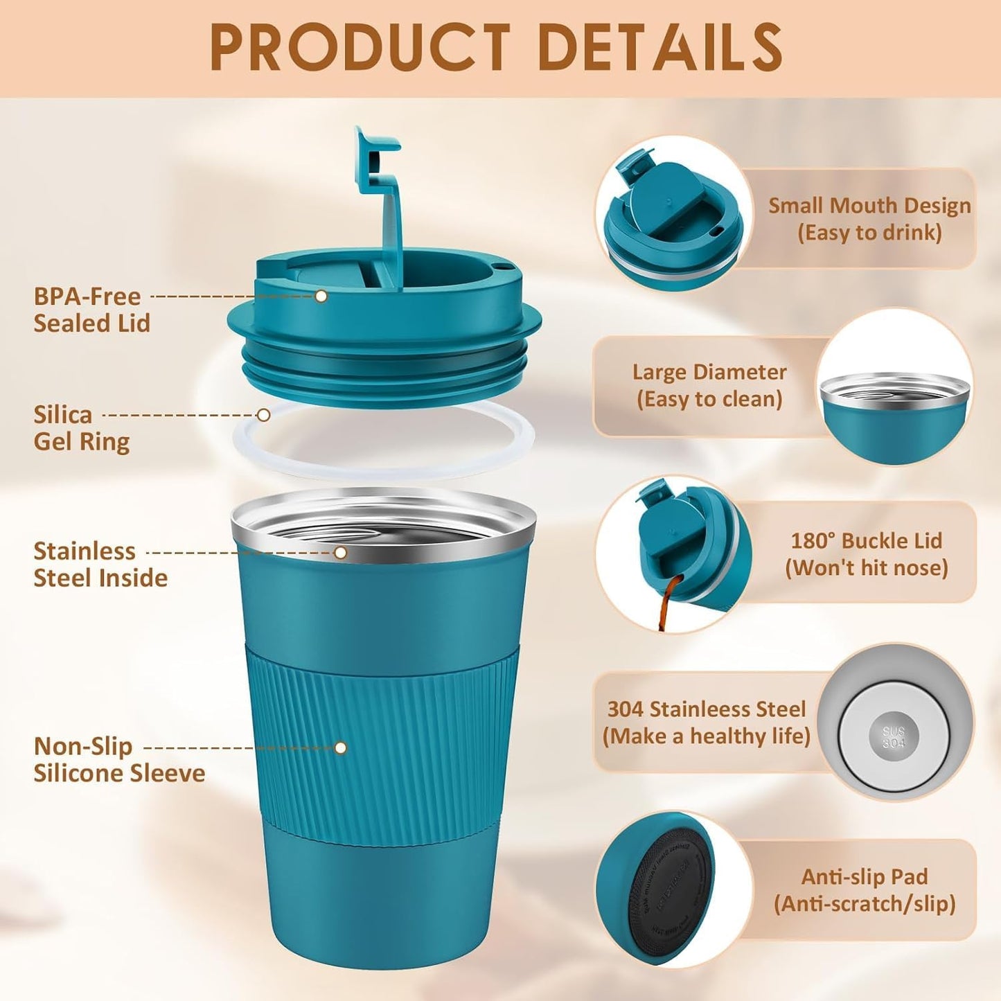 KETIEE Travel Coffee Mug Spill Proof 12oz, Insulated Travel Mug to Go, Reusable Coffee Cup with Seal Lid, Vacuum Stainless Steel Tumbler for Hot/Cold Drinks (Red)