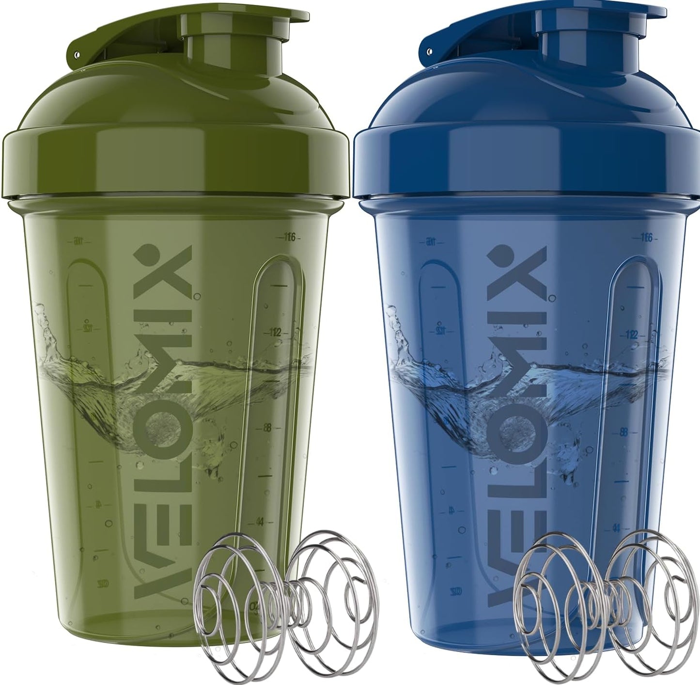 VELOMIX -2 Pack- 20 oz Protein Shaker Bottles for Protein Mixes - 2x Wire Whisk | Leak Proof Shaker Cups for Protein Shakes and Pre Workout | Protein Shaker Bottle Pack (Black/Transparent)