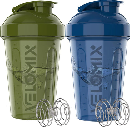 VELOMIX -2 Pack- 20 oz Protein Shaker Bottles for Protein Mixes - 2x Wire Whisk | Leak Proof Shaker Cups for Protein Shakes and Pre Workout | Protein Shaker Bottle Pack (Black/Transparent)