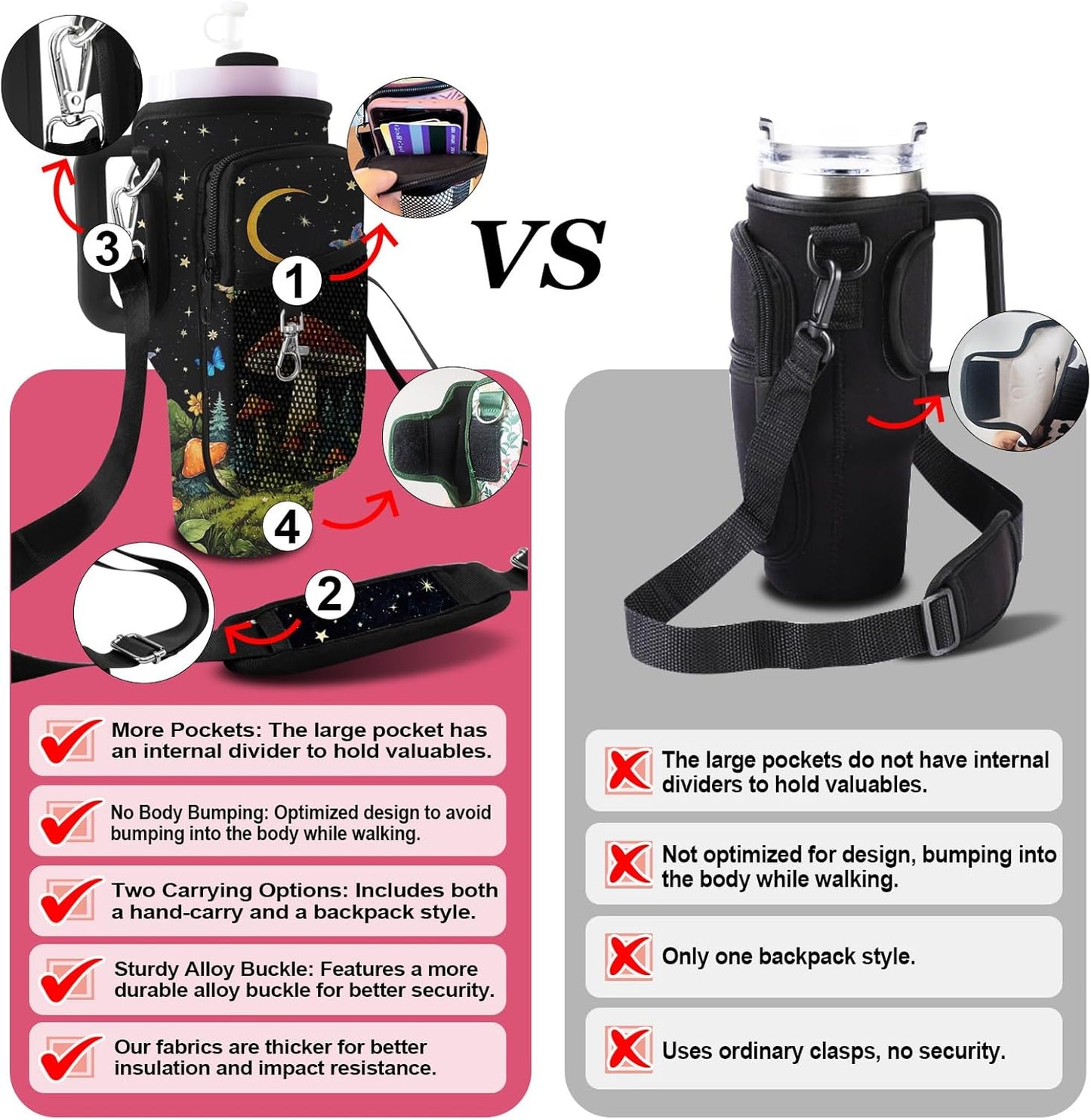 Stanley Carrier Bag for Stanley 40oz/30ozTumbler with Phone with 2 Adjustable Strap,3 Pockets Bottle Stanley Cup Carrier Bag & Case,Accessories for Hiking Travelling