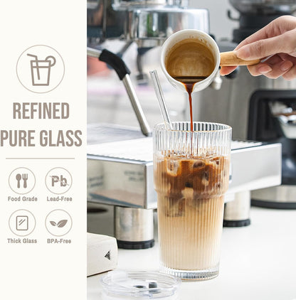 SoulTimes 20oz Glass Cups with Lids and Straws, Ribbed Glass Tumbler for Iced Coffee, Smoothie, Juice & Cold Drinks, Reusable Thick Glassware Set, Elegant Home & Travel Drinkware【2 Pack】
