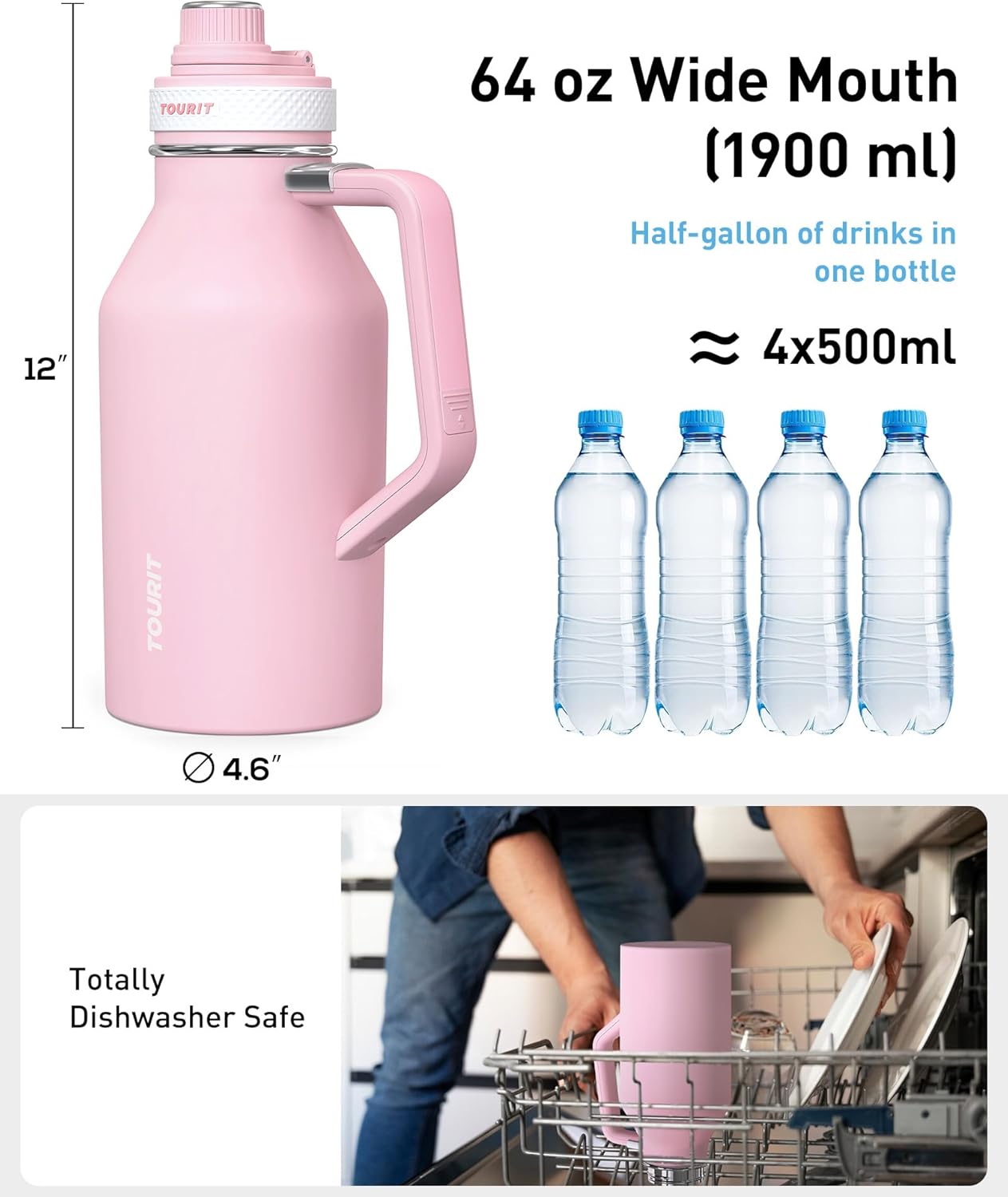TOURIT 32oz Stainless Steel Wide Mouth Water Bottle, Double-Wall Vacuum Insulation with Spout Lid for Sports and Travel, Black