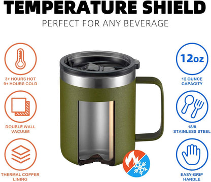 12oz Insulated Coffee Mug Cup with Handle, Stainless Steel Travel Coffee Mug with Flip Lid, Double Wall Vacuum Coffee Tumbler, Navy