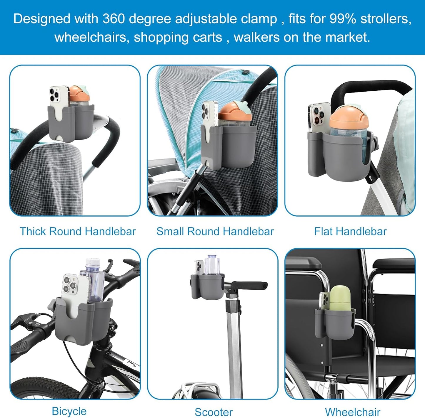 Accmor Stroller Cup Holder with Phone Holder, Bike Cup Holder, Universal Cup Holder for Uppababy Nuna Doona Strollers, 2-in-1 Cup Holder for Walker, Wheelchair, Scooter - Colors A